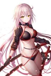 Rule 34 | 1girl, bad id, bad pixiv id, bikini, black bikini, black choker, black gloves, black jacket, blush, breasts, choker, cleavage, closed mouth, commentary request, fate/grand order, fate (series), gloves, highres, jacket, jeanne d&#039;arc alter (swimsuit berserker) (fate), jeanne d&#039;arc (fate), jeanne d&#039;arc alter (fate), jeanne d&#039;arc alter (swimsuit berserker) (fate), katana, long hair, long sleeves, looking at viewer, medium breasts, navel, red thighhighs, seungju lee, shrug (clothing), silver hair, simple background, single thighhigh, smile, solo, swimsuit, sword, thighhighs, very long hair, weapon, white background, yellow eyes