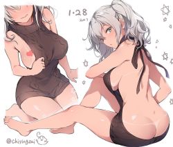 Rule 34 | 10s, 1girl, 2017, ass, backless dress, backless outfit, bare back, bikini tan, blue eyes, breasts, butt crack, chiyingzai, dated, dress, full body, halterneck, heart, kantai collection, kashima (kancolle), large breasts, long hair, looking at viewer, meme attire, multiple views, naked sweater, ribbed sweater, sideboob, sitting, sweater, sweater dress, tan, tanline, turtleneck, turtleneck sweater, twintails, virgin killer sweater, wavy mouth
