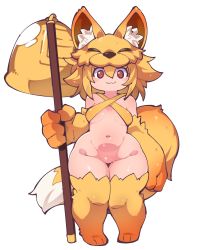 Rule 34 | 1girl, :3, absurdres, animal feet, animal hands, bell, blonde hair, blush, bottomless, bra, breasts, commentary request, commission, criss-cross halter, fox girl, fox hat, fox tail, fukurou (owl222), full body, hair between eyes, halterneck, highres, holding, holding staff, looking at viewer, moonlight flower, navel, paid reward available, pixiv commission, ragnarok online, red eyes, second-party source, short hair, simple background, small breasts, smile, solo, staff, standing, tail, thick thighs, thighs, underwear, white background, yellow bra