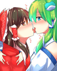 Rule 34 | 2girls, absurdres, ass grab, blue eyes, bow, brown hair, eye contact, french kiss, frog hair ornament, green hair, hair bow, hair ornament, hair tubes, hakurei reimu, highres, kiss, kochiya sanae, long hair, looking at another, mokutan (link machine), multiple girls, profile, red bow, red eyes, saliva, simple background, snake hair ornament, tongue, tongue out, touhou, white background, yuri
