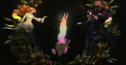 Rule 34 | 2girls, absurdres, black background, black dress, black hair, branch, brown hair, choroskiart, closed eyes, crystal, dress, final fantasy, final fantasy xiv, flower, gaia (ff14), highres, long hair, multiple girls, outstretched arms, rainbow, ryne waters, thighhighs, white dress