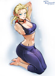 Rule 34 | 1girl, ahoge, artist name, barefoot, blonde hair, blue eyes, blush, breasts, cammy white, choker, dated, fingerless gloves, gloves, looking at viewer, medium breasts, mina cream, pants, red gloves, scar, signature, sports bra, street fighter, street fighter 6, yoga pants