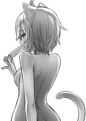 Rule 34 | 1girl, ahoge, animal ears, ass, breasts, cat ears, cat tail, completely nude, food, from behind, greyscale, highres, hololive, looking at viewer, looking back, medium breasts, medium hair, monochrome, nekomata okayu, nude, popsicle, sabaku chitai, sideways glance, simple background, smile, tail, tail raised, virtual youtuber, white background