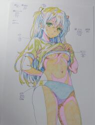 Rule 34 | 1girl, arms behind back, blue buruma, breasts, buruma, cel, clothes lift, curvy, gym uniform, highres, interface headset, lifted by self, long hair, looking at viewer, looking down, medium breasts, monochrome, navel, neon genesis evangelion, open mouth, photo (medium), shiny skin, shirt, shirt lift, simple background, solo, souryuu asuka langley, standing, thighs, traditional media, translation request, twintails, umino kaori, underboob, very long hair, wide hips