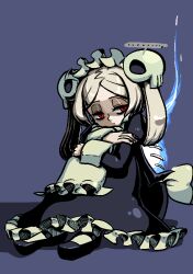 Rule 34 | 1girl, apron, black nails, bloody marie (skullgirls), frills, full body, gem, grey hair, hair ornament, half-closed eyes, hugging own legs, kuroirozuki, looking to the side, maid, maid apron, maid headdress, mary janes, nail polish, parted bangs, red eyes, shoes, short twintails, sitting, skull hair ornament, skullgirls, solo, speech bubble, twintails