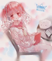 Rule 34 | 1girl, :d, absurdres, animal, blush, bow, cat, cellphone, chair, drawing tablet, hair bow, headphones, highres, holding, holding stylus, huion, long hair, long sleeves, looking at viewer, neckerchief, on chair, open mouth, original, phone, pink sailor collar, pleated skirt, red bow, red eyes, red hair, sailor collar, school uniform, serafuku, shirt, sitting, skirt, smile, solo, stylus, tandohark, thighhighs, twintails, white shirt, white skirt, white thighhighs, yellow neckerchief