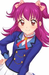 Rule 34 | 1girl, aikatsu!, aikatsu! (series), blue jacket, blush, bow, brown eyes, closed mouth, commentary request, hair bow, hand on own hip, highres, jacket, long sleeves, looking at viewer, minowa hikari, neck ribbon, pink bow, pleated skirt, purple hair, red ribbon, ribbon, sekina, shirt, simple background, skirt, smile, solo, two side up, upper body, white background, white shirt, white skirt