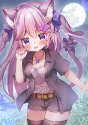 Rule 34 | 1girl, :3, animal ear fluff, animal ears, belt, blush, bow, breasts, butterfly hair ornament, cat ears, cat girl, cat tail, cleavage, cowboy shot, full moon, hair bow, hair ornament, hanasakichu, hand up, highres, layered clothes, long hair, moon, nail polish, night, original, outdoors, paw pose, purple eyes, purple hair, ribbon, short sleeves, shorts, sky, small breasts, smile, solo, sparkle, star (sky), starry sky, tail, tail bow, tail ornament, tail ribbon, thighhighs, tongue, tongue out, two side up, very long hair