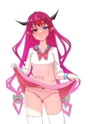 Rule 34 | 1girl, :t, angelchama, blush, bow, clothes lift, collarbone, cowboy shot, embarrassed, hair bow, hair ornament, heterochromia, highres, hololive, hololive english, horns, irys (hololive), long hair, looking at viewer, multicolored hair, panties, pink panties, purple hair, sailor collar, school uniform, serafuku, simple background, skirt, skirt lift, solo, star-shaped pupils, star (symbol), streaked hair, striped clothes, striped panties, symbol-shaped pupils, thighhighs, thighs, underwear, virtual youtuber, white background