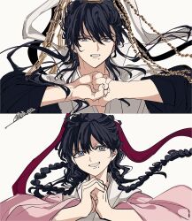Rule 34 | 1boy, 1girl, black hair, braid, chinese clothes, grey eyes, grin, guan hat, highres, long hair, looking at viewer, magi the labyrinth of magic, mian guan, mole, mole under mouth, mother and son, ojyo 058, own hands clasped, own hands together, ren gyokuen, ren hakuryuu, scar, simple background, smile, split screen, twin braids, white background