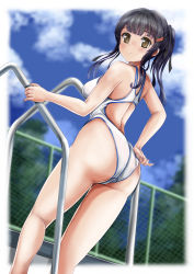 Rule 34 | 1girl, adjusting swimsuit, ass, bare shoulders, black hair, blush, breasts, brown eyes, chain-link fence, competition swimsuit, fence, highleg, highres, long hair, looking at viewer, looking back, mashinatsu, one-piece swimsuit, original, ponytail, pool ladder, poolside, solo, standing, swimsuit