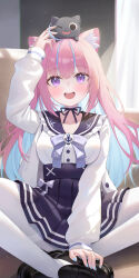 Rule 34 | 1girl, absurdres, highres, hololive, keikei (kitty colors), long hair, looking at viewer, minato aqua, multicolored hair, open mouth, purple eyes, purple hair, smile, solo, two-tone hair, virtual youtuber