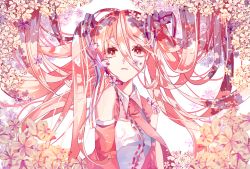 Rule 34 | 1girl, bare shoulders, cherry blossoms, detached sleeves, hatsune miku, headset, highres, long hair, looking at viewer, necktie, pink eyes, pink hair, pink theme, sakura miku, solo, tears namida, twintails, very long hair, vocaloid