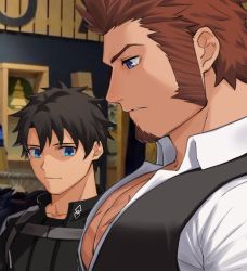 Rule 34 | 00047, 2boys, bara, blue eyes, breast envy, brown hair, bursting pectorals, cross scar, facial hair, fate/grand order, fate (series), from side, fujimaru ritsuka (male), fujimaru ritsuka (male) (polar chaldea uniform), goatee, large pectorals, long sideburns, looking at another, looking down, male focus, mature male, meme, multiple boys, muscle envy, muscular, muscular male, napoleon bonaparte (fate), parody, partially unbuttoned, pectoral cleavage, girl staring at guys chest (meme), pectoral focus, pectorals, scar, scar on chest, short hair, sideburns, upper body
