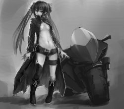 Rule 34 | 10s, 1girl, asymmetrical legwear, belt buckle, black rock shooter, black rock shooter (character), boots, breasts, buckle, coat, garter straps, greyscale, knee boots, long coat, long hair, mismatched legwear, monochrome, motor vehicle, motorcycle, navel, no bra, open clothes, open coat, riftgarret, short shorts, shorts, single thighhigh, small breasts, solo, thigh strap, thighhighs, twintails, underboob, vehicle