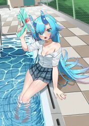 Rule 34 | 1girl, alternate costume, azur lane, blue eyes, blue hair, blue horns, blush, breasts, collarbone, commentary request, fang, gradient hair, grey skirt, hand up, heart, heart-shaped pupils, highres, holding, holding water gun, horns, i-13 (azur lane), long hair, looking at viewer, marimo daifuku, multicolored hair, open mouth, pleated skirt, pool, poolside, purple hair, school uniform, shirt, short sleeves, single bare shoulder, skin fang, skirt, small breasts, solo, symbol-shaped pupils, water, water gun, white shirt