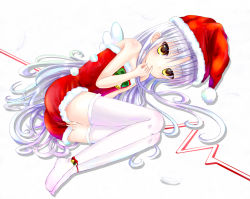 Rule 34 | 1girl, angel beats!, ankle ribbon, anklet, bare arms, bare shoulders, bell, christmas, christmas dress, closed mouth, commentary, commentary request, covering privates, covering crotch, dress, dress tug, feathers, full body, hair between eyes, hand on own face, hat, headwear request, jewelry, leg ribbon, long hair, looking at viewer, lying, mini wings, morerin, on side, red dress, ribbon, silver hair, simple background, sleeveless, sleeveless dress, socks, solo, tenshi (angel beats!), thighhighs, very long hair, white background, white feathers, white socks, white wings, wings, yellow eyes