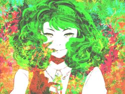 Rule 34 | 1girl, ascot, bad id, bad pixiv id, dress, female focus, floral background, flower, green eyes, green hair, grin, holding, holding flower, kazami yuuka, matching hair/eyes, mouth hold, multicolored eyes, portrait, smile, solo, touhou, vest, watanabe (wash), yellow eyes