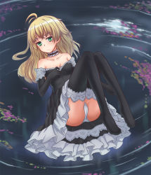 Rule 34 | 1girl, ahoge, alternate costume, artoria pendragon (all), artoria pendragon (fate), blonde hair, boots, dress, fate/zero, fate (series), green eyes, hair down, panties, saber (fate), solo, thigh boots, thighhighs, underwear, white panties, ylj9090