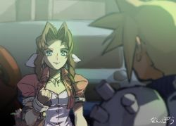 Rule 34 | 1boy, 1girl, aerith gainsborough, bow, breasts, brown hair, cleavage, cloud strife, commentary request, cropped jacket, dress, final fantasy, final fantasy vii, flower basket, green eyes, hair ribbon, long hair, midgar, nanpou (nanpou0021), parted bangs, pink bow, pink dress, ribbon, smile, spiked hair, square enix