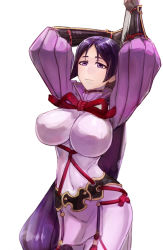 Rule 34 | 1girl, armor, arms up, black gloves, bodysuit, breasts, closed mouth, covered navel, elbow gloves, fate/grand order, fate (series), gloves, huitu xigai, japanese armor, kote, large breasts, long hair, looking at viewer, low-tied long hair, minamoto no raikou (fate), parted bangs, pelvic curtain, purple bodysuit, purple eyes, purple hair, ribbed sleeves, rope, simple background, thighs, very long hair, white background