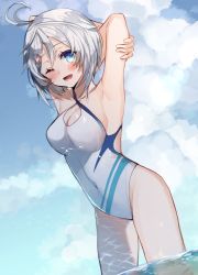 Rule 34 | .live, 1girl, antenna hair, armpits, arms behind head, arms up, blue eyes, blue sky, blush, casual one-piece swimsuit, chibirisu, cloud, commentary request, covered navel, criss-cross halter, day, dutch angle, hair between eyes, hair ornament, halterneck, highres, one-piece swimsuit, open mouth, outdoors, short hair, dennou shoujo siro, sky, solo, standing, swimsuit, virtual youtuber, wading, white hair, white one-piece swimsuit