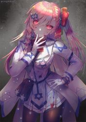 Rule 34 | 1girl, black pantyhose, blood, blood on clothes, blood on face, blush, bow, bowtie, braid, breasts, closed mouth, collared jacket, cowboy shot, girls&#039; frontline, gloves, glowing, glowing eyes, grey shirt, hair between eyes, hair bow, hair ornament, hair ribbon, hairclip, hanato (seonoaiko), hand on own hip, hand up, hexagram, highres, jacket, long hair, long sleeves, looking at viewer, medium breasts, negev (girls&#039; frontline), one side up, pantyhose, pink hair, pouch, red bow, red bowtie, red eyes, red ribbon, ribbon, shirt, side braid, sidelocks, skirt, smile, solo, sparkle, star of david, twitter username, white gloves, white skirt