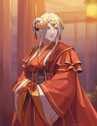 Rule 34 | 1girl, angerykacchan, artist name, breasts, commentary, cowboy shot, double bun, dress, edelgard von hresvelg, english commentary, fake horns, fire emblem, fire emblem: three houses, gloves, hair ornament, highres, horned headwear, horns, medium breasts, nintendo, solo, standing, tagme, watermark, white hair