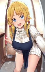 Rule 34 | 1girl, :d, ahoge, apron, blonde hair, blue eyes, breasts, fingernails, hachimiya meguru, hair ornament, hairclip, highres, idolmaster, idolmaster shiny colors, kanikou, ladle, large breasts, long fingernails, long hair, looking at viewer, low twintails, nail polish, open mouth, ribbed sweater, smile, solo, sweater, turtleneck, turtleneck sweater, twintails