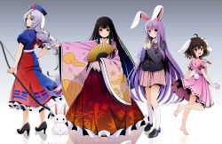 Rule 34 | 4girls, ahoge, animal ears, bad id, bad pixiv id, barefoot, black footwear, black hair, blazer, blue eyes, blue skirt, bow (weapon), braid, buttons, carrot necklace, closed mouth, crescent, dress, artistic error, folding fan, full body, gradient background, grey background, hand fan, hat, high heels, hime cut, houraisan kaguya, inaba tewi, jacket, japanese clothes, jewelry, kimono, kneehighs, leotard, long hair, long skirt, long sleeves, looking at viewer, miniskirt, multicolored clothes, multicolored skirt, multiple girls, nail polish, necklace, necktie, nurse cap, open mouth, outstretched arm, parted lips, pink dress, pink skirt, playboy bunny, pleated skirt, puffy short sleeves, puffy sleeves, purple footwear, purple hair, rabbit, rabbit ears, red eyes, red necktie, red skirt, reisen udongein inaba, shoes, short hair, short sleeves, single braid, skirt, smile, socks, standing, touhou, very long hair, weapon, white hair, white legwear, wide sleeves, yagokoro eirin, yuuka nonoko