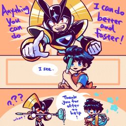 Rule 34 | 2boys, ?, ??, apron, basket, bass (mega man), black hair, blue eyes, comic, english text, fangs, highres, holding, holding basket, holding mop, humanoid robot, laser-lance, laundry basket, looking at another, male focus, mega man (character), mega man (classic), mega man (series), mop, multiple boys, parted lips, red apron, red eyes, robot, short hair, speech bubble, teeth