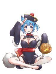 Rule 34 | 1girl, alternate costume, animal collar, animal ear piercing, animal ears, bandaid, bandaid on cheek, bandaid on face, black bow, black footwear, black hat, black sleeves, blue eyes, blue hair, blush, bow, breasts, bucket, candy hair ornament, cleavage, cleavage cutout, clothing cutout, collar, commentary request, detached sleeves, dog ears, dog girl, earrings, food-themed hair ornament, frilled thighhighs, frills, full body, grin, hair ornament, halloween bucket, hat, heart, highres, holding, holding bucket, jack-o&#039;-lantern, jewelry, jiangshi costume, large breasts, looking at viewer, lovermoonlight, medium bangs, nanashi inc., ofuda, one side up, paw print, qingdai guanmao, red sash, sash, short hair, simple background, single earring, single thighhigh, sitting, sleeves past fingers, sleeves past wrists, smile, solo, souya ichika, thighhighs, v-shaped eyebrows, virtual youtuber, white background, white thighhighs