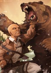 Rule 34 | 1boy, animal, artist name, attack, bald, battle, belt, boots, brown jacket, brown theme, buzz cut, claws, clenched hand, clenched teeth, coat, commentary, defeat, face punch, facial hair, fang, furry, goatee, highres, in the face, jacket, keith shadis, khyle., knee boots, long sleeves, male focus, old, old man, open clothes, open jacket, open mouth, pain, pants, paradis military uniform, patreon username, punching, river, sash, screaming, sharp teeth, shingeki no kyojin, shirt, short hair, survey corps (emblem), suspenders, teeth, thigh strap, tree, very short hair, white pants, white shirt, wrinkled skin