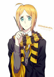 Rule 34 | 1boy, ahoge, alternate costume, black cape, blonde hair, cape, character name, green eyes, grey sweater, harry potter (series), hogwarts school uniform, holding, holding wand, long sleeves, looking at viewer, male focus, necktie, parted bangs, rena (renasight), scarf, school uniform, short hair, simple background, smile, solo, striped clothes, striped necktie, striped neckwear, striped scarf, sweater, wand, white background, wizarding world, yellow necktie, zetsuen no tempest