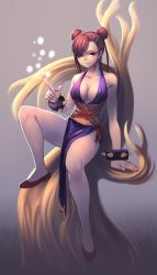 Rule 34 | 1girl, alternate costume, bare legs, black dress, bracelet, breasts, brown hair, bus7, center opening, chun-li, cleavage, double bun, dress, flats, halterneck, highres, in tree, jewelry, no bra, pelvic curtain, red eyes, revealing clothes, sash, short hair, side slit, sitting, sitting in tree, solo, spiked bracelet, spikes, street fighter, street fighter iv (series), tree