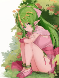 Rule 34 | 1girl, anklet, bare shoulders, closed mouth, dress, fire emblem, fire emblem: mystery of the emblem, grass, green eyes, green hair, hair between eyes, hair ornament, hair ribbon, haru (nakajou-28), highres, jewelry, long hair, looking at viewer, nintendo, pink dress, pink ribbon, plant, pointy ears, ponytail, ribbon, sitting, sleeveless, sleeveless dress, solo, tiara, tiki (fire emblem), tiki (young) (fire emblem)