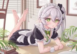 Rule 34 | 1girl, :o, absurdres, apron, barefoot, black apron, black bow, blush, book, bow, chair, collar, commentary request, cup, eyelashes, frilled apron, frills, genshin impact, gradient hair, green bow, green eyes, green hair, hair bow, highres, indoors, legs up, long hair, looking at viewer, lying, maid apron, maid headdress, multicolored hair, nahida (genshin impact), on stomach, picture frame, plant, pointy ears, ryouya (ryoya), solo, spoon, star-shaped pupils, star (symbol), sunlight, symbol-shaped pupils, teacup, the pose, two-tone apron, white apron, white collar, white hair, white wristband, window