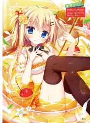 Rule 34 | 1girl, :3, :q, ahoge, bikini, blonde hair, blue eyes, breasts, brown thighhighs, cherry, cherry hair ornament, choker, cleavage, closed mouth, cup, dengeki moeou, detached sleeves, flower, food, food-themed hair ornament, frills, fruit, hair ornament, hairclip, hands up, highres, in container, in cup, juice, legs up, long hair, looking at viewer, medium breasts, puffy short sleeves, puffy sleeves, ribbon choker, shiromochi sakura, short sleeves, smile, solo, swimsuit, thighhighs, tongue, tongue out, two side up, white bikini, white flower