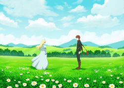 Rule 34 | 1boy, 1girl, artoria pendragon (all), artoria pendragon (fate), boots, brown footwear, commentary request, day, dress, emiya shirou, fate/stay night, fate (series), fateline alpha, field, flower, green eyes, hair down, landscape, long hair, official alternate costume, profile, red hair, saber (fate), scarf, scenery, short hair, white dress