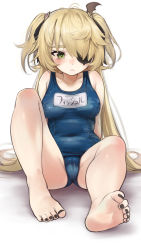 Rule 34 | 1girl, absurdres, bare shoulders, barefoot, black toenails, blonde hair, blue one-piece swimsuit, blush, breasts, cameltoe, collarbone, eyepatch, feet, fischl (genshin impact), genshin impact, green eyes, hair over one eye, highres, legs, long hair, looking at viewer, medium breasts, nail polish, one-piece swimsuit, resolution mismatch, revision, school swimsuit, simple background, sitting, soles, source smaller, swimsuit, toenail polish, toenails, toes, torriet, two side up, white background