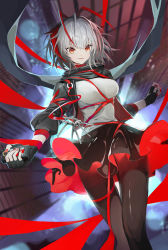 Rule 34 | 1girl, absurdres, ahoge, antennae, arknights, between breasts, black gloves, black jacket, black pantyhose, black scarf, black skirt, breasts, building, city, controller, demon horns, detonator, dra (dhra a), falling, feet out of frame, fingerless gloves, gloves, highres, holding, holding remote control, horns, jacket, looking at viewer, medium breasts, night, open clothes, open jacket, outdoors, pantyhose, red eyes, red ribbon, red skirt, remote control, ribbon, scarf, skirt, skyscraper, sleeves past elbows, slit pupils, solo, two-sided fabric, two-sided skirt, w (arknights)