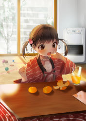 Rule 34 | 1girl, absurdres, animal print, bare tree, bear print, brown eyes, brown hair, chanchanko (clothes), commentary request, cup, drinking glass, fingernails, food, fruit, hair bobbles, hair ornament, heater, highres, holding, holding food, indoors, inushima, juice, kotatsu, long sleeves, mandarin orange, open mouth, orange juice, original, shirt, solo, star (symbol), star hair ornament, table, teeth, tooth gap, tree, twintails, upper body, upper teeth only, white shirt, wide sleeves, window
