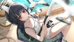 Rule 34 | 1girl, absurdres, ahoge, animal, animal ears, animal ears (norankkori), bikini, bird, black hair, blue archive, blush, braid, closed mouth, collarbone, commentary, crying, crying with eyes open, day, fake animal ears, fishing rod, flat chest, halo, highres, holding, holding fishing rod, leaf print, long hair, looking at viewer, miyu (blue archive), miyu (swimsuit) (blue archive), ocean, official alternate costume, outdoors, print bikini, rabbit ears, red eyes, seagull, sitting, solo, swimsuit, symbol-only commentary, tears, twin braids, white bikini
