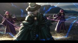 Rule 34 | 1boy, 2girls, amulet, ascot, bad id, bad pixiv id, cloak, clone, dress, edmond dantes (fate), electricity, fate/grand order, fate (series), fedora, fur collar, grass, hat, letterboxed, long hair, mountain, multiple girls, otsumami (bu-bu-heaven), red eyes, river, scathach (fate), scathach skadi (fate), tiara, wand, water, white hair, yellow eyes