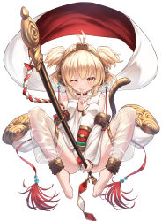 Rule 34 | 1girl, ;), ahoge, alphy, andira (granblue fantasy), animal ears, bare shoulders, barefoot, blonde hair, blush, brown eyes, closed mouth, commentary, detached leggings, detached sleeves, erune, finger to mouth, granblue fantasy, hagoromo, highres, index finger raised, looking at viewer, m legs, monkey ears, monkey girl, monkey tail, one eye closed, see-through, shawl, short hair, shushing, smile, solo, spread legs, staff, symbol-only commentary, tail, toes, two side up