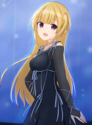 1girl 22/7 absurdres ato_de_wakaru_koto black_dress blonde_hair blue_background cowboy_shot dress facing_to_the_side from_side fujima_sakura hair_rings highres long_hair looking_at_viewer off-shoulder_dress off_shoulder one_side_up open_mouth purple_eyes ribbon see-through_clothes see-through_sleeves single_hair_ring solo takumitu_711 white_ribbon