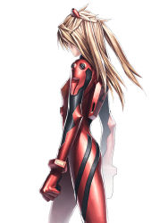 Rule 34 | 1girl, blonde hair, bodysuit, bracer, breasts, brown hair, clenched hand, cowboy shot, flat chest, from side, gloves, hair ornament, iwai ryou, long hair, neon genesis evangelion, pilot suit, plugsuit, simple background, skinny, small breasts, solo, souryuu asuka langley, standing, turtleneck, twintails, two side up, white background