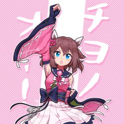 Rule 34 | animal ears, arm up, armpits, blue eyes, breasts, brown hair, clenched hands, commentary request, detached sleeves, fingerless gloves, gloves, hair between eyes, hair ornament, highres, horse ears, horse girl, japanese clothes, medium breasts, open mouth, pink background, ribbon, sakura chiyono o (umamusume), short hair, simple background, solo, takahashi umori, umamusume