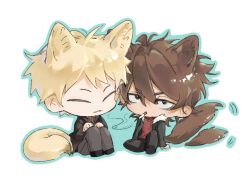 Rule 34 | 2boys, :3, allloy, animal ears, atou haruki, black jacket, black pants, blonde hair, brown hair, brown sweater, chibi, chibi only, chinese commentary, cigarette, closed eyes, closed mouth, commentary request, fox boy, fox ears, fox tail, fur-trimmed jacket, fur trim, green eyes, grey pants, hair between eyes, isoi reiji, jacket, kemonomimi mode, long sleeves, male focus, multiple boys, open clothes, open jacket, pants, red shirt, ribbed sweater, saibou shinkyoku, sanpaku, shirt, short hair, sitting, smoking, sweater, tail, tail wagging, turtleneck, turtleneck sweater