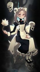 Rule 34 | 1girl, apron, black background, bloody marie (skullgirls), blush, brooch, dress, duster, feather duster, fire, frilled apron, frilled dress, frills, grey hair, hair ornament, half-closed eyes, highres, jewelry, looking at viewer, maid apron, maid headdress, mary janes, red eyes, shoes, sitting, skull, skull hair ornament, skullgirls, solo, twintails, xue jiang (simoncry)